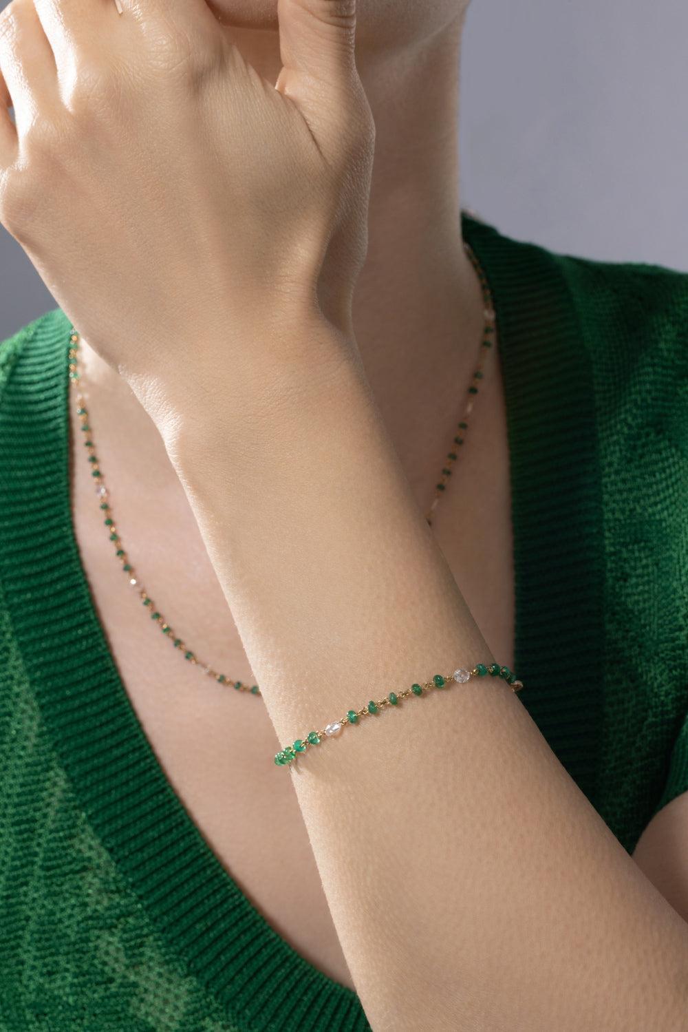 Diamond Emerald Etheral Beaded Bracelet-YELLOW GOLD-JEWELRYFINE JEWELBRACELET O-64 FACETS