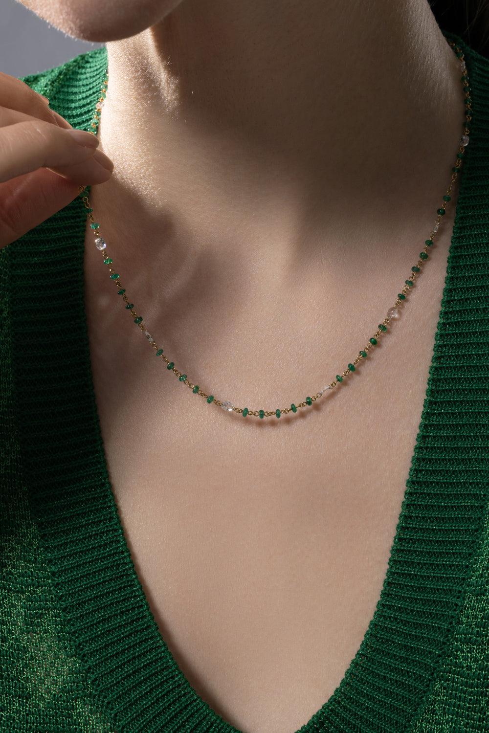 Diamond Emerald Etheral Beaded Necklace-YELLOW GOLD-JEWELRYFINE JEWELNECKLACE O-64 FACETS
