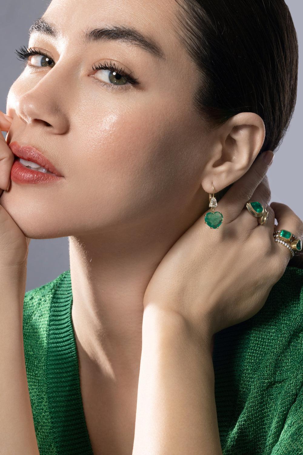 Diamond Emerald Heart Earrings-YELLOW GOLD-JEWELRYFINE JEWELEARRING-SYLVA & CIE
