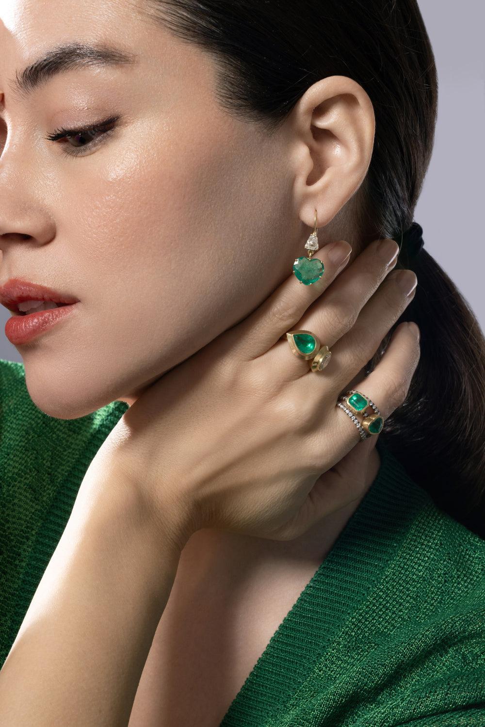 Diamond Emerald Heart Earrings-YELLOW GOLD-JEWELRYFINE JEWELEARRING-SYLVA & CIE
