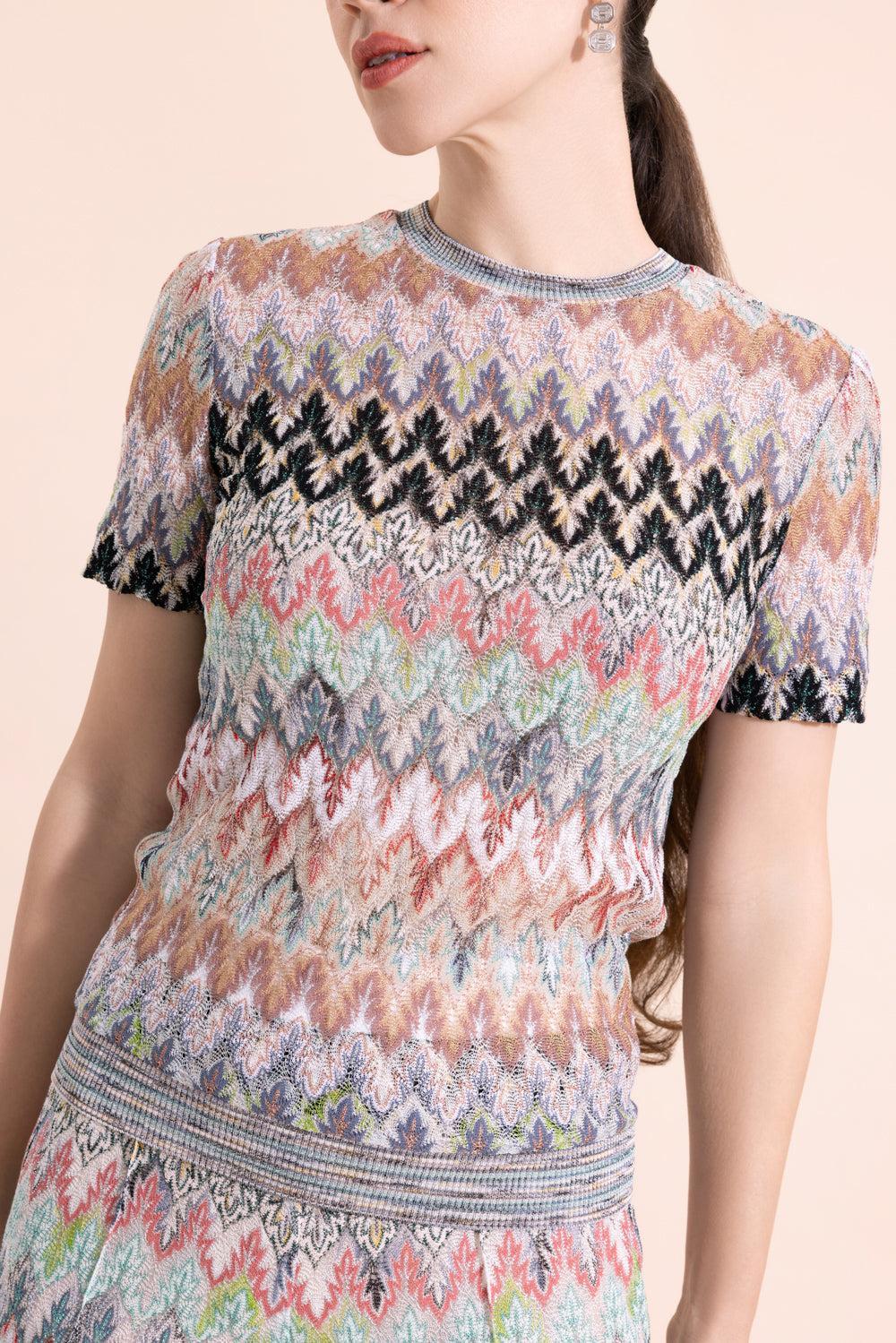 Short Sleeve Crew Neck Top - White Pink Blue-MULTI-38-CLOTHINGTOPKNITS-MISSONI