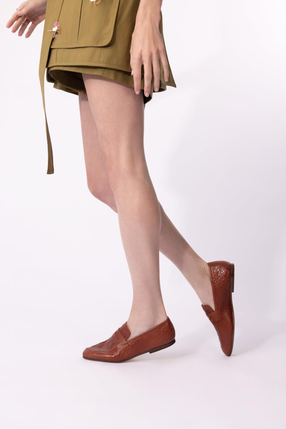 Essenziale Leather Loafer - Brown Embossed-BROWN-36-SHOEFLAT SHOE-SOPHIQUE