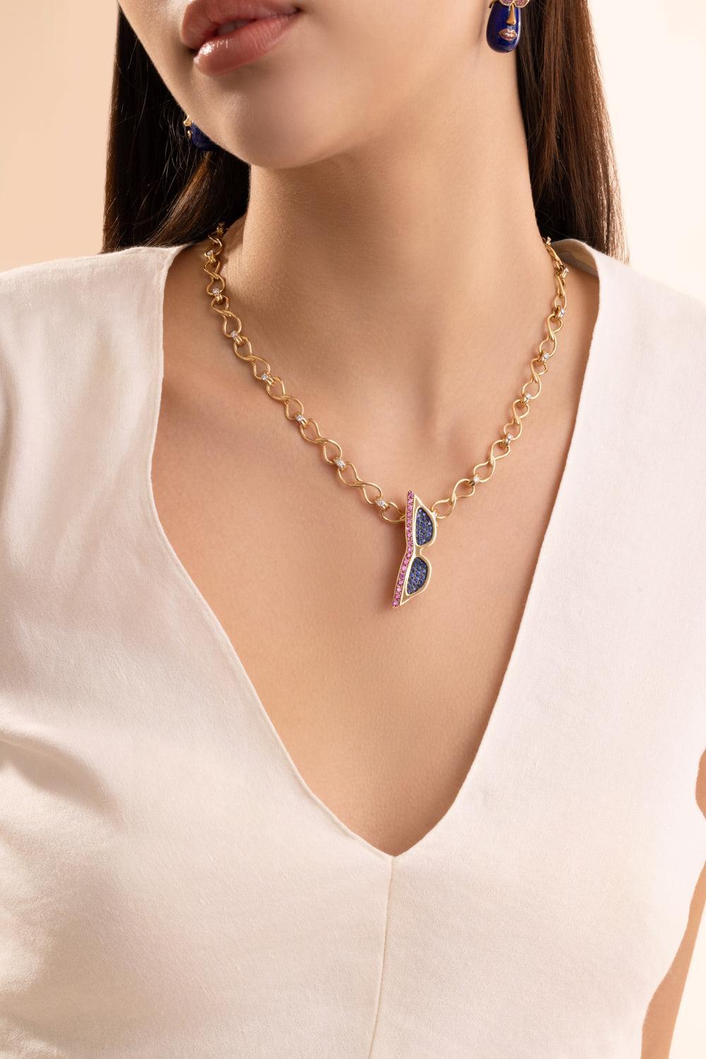 Blue Pink Sapphire Large Sunglasses Pendant-YELLOW GOLD-JEWELRYFINE JEWELPENDANT-EDINA KISS