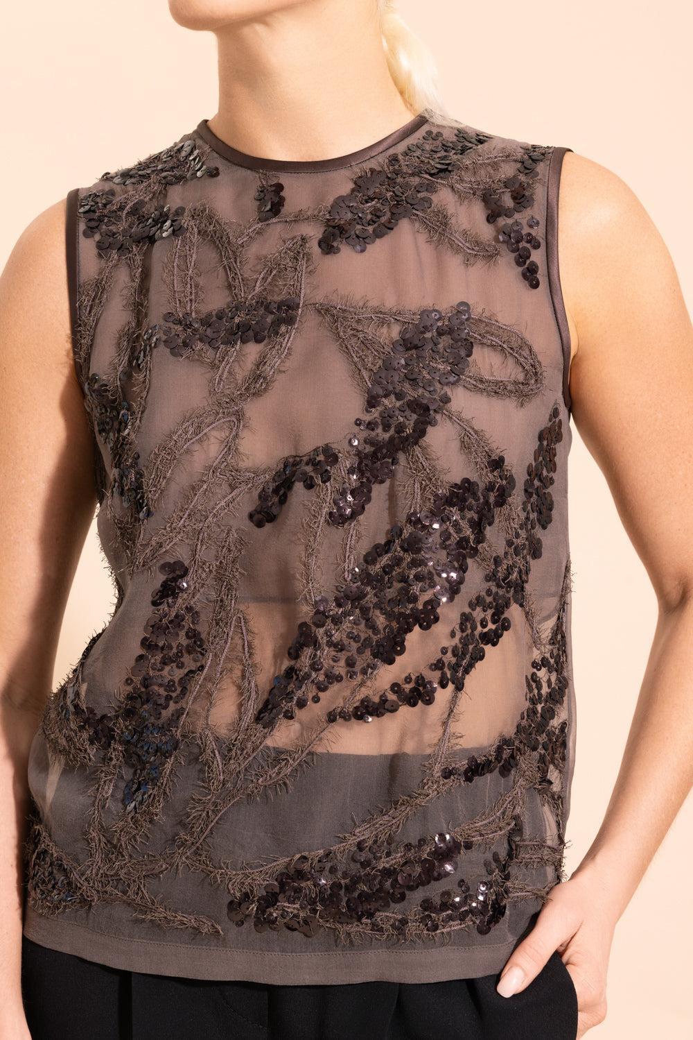 Halo Embroidered Sleeveless Blouse-BROWN-XS-CLOTHINGTOPBLOUSE-BRUNELLO CUCINELLI