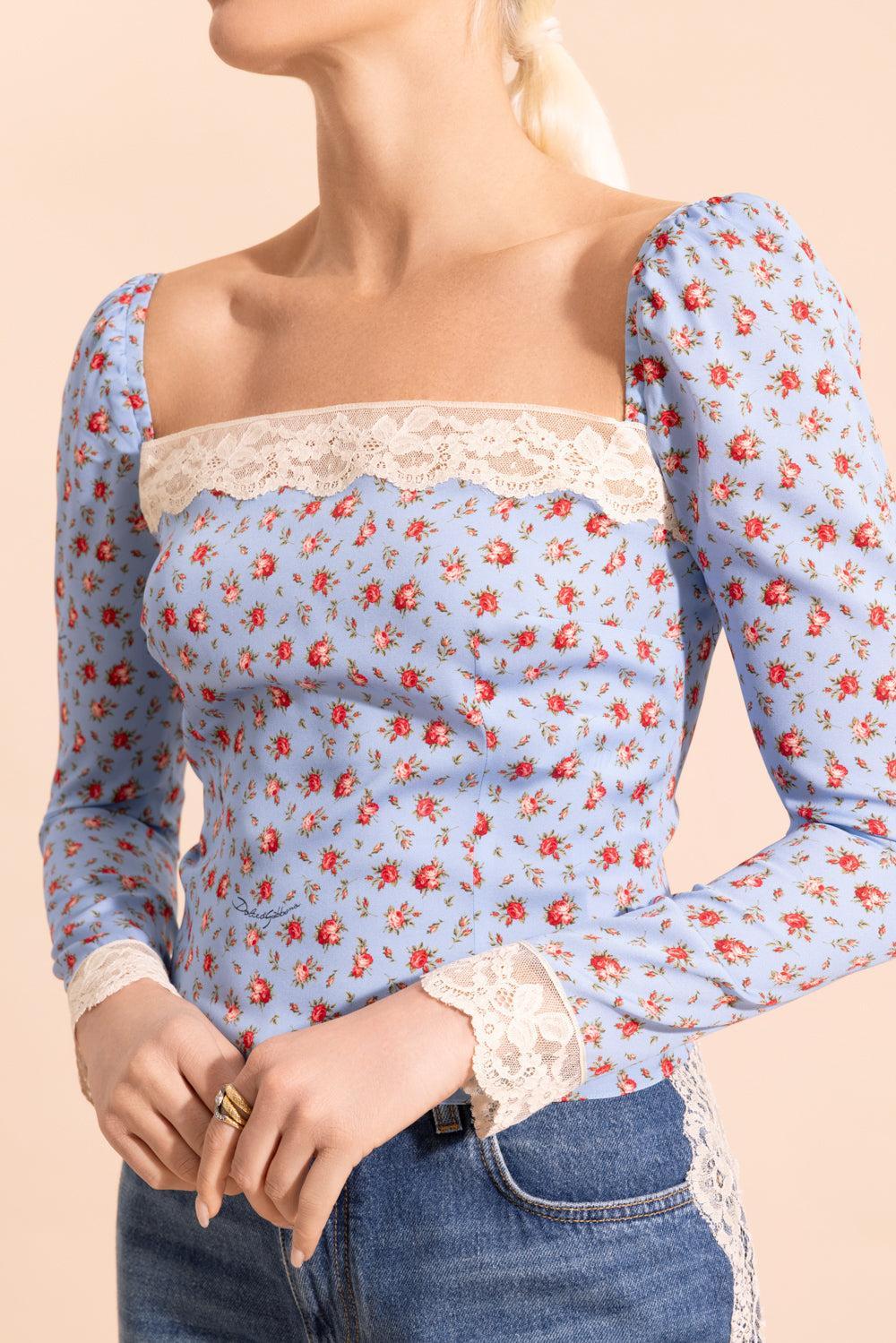 Slim Fit Floral Blouse-BLUE-38-CLOTHINGTOPBLOUSE-DOLCE & GABBANA