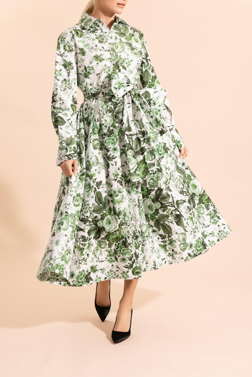 Leaf Print Long Sleeve Shirt Dress-GREEN-4-CLOTHINGDRESSCASUAL-ERDEM