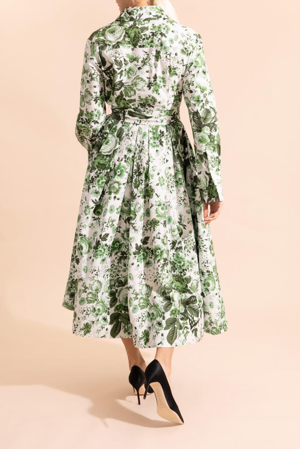 Leaf Print Long Sleeve Shirt Dress-GREEN-4-CLOTHINGDRESSCASUAL-ERDEM