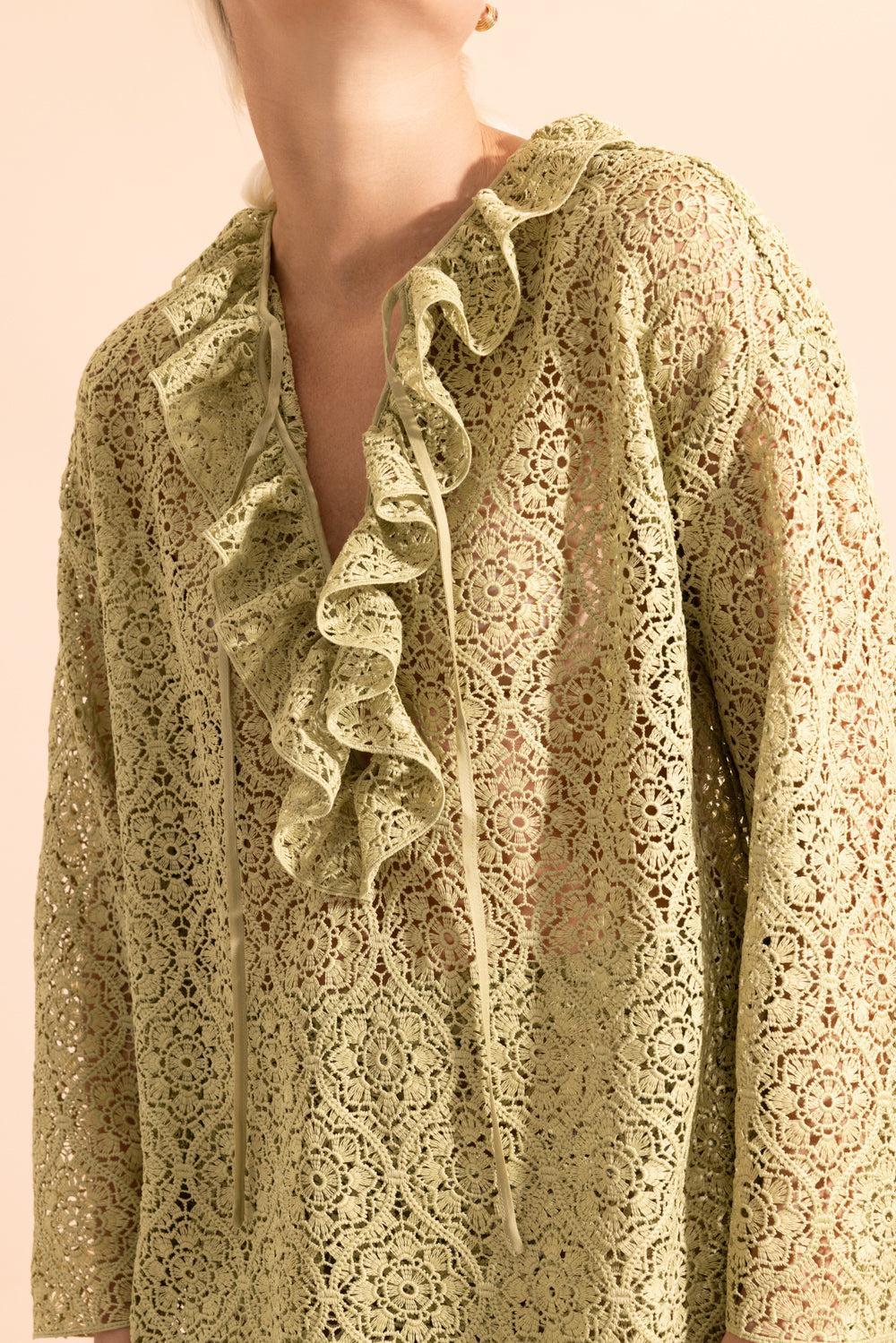 Filigree Macrame Ruffle Blouse-GREEN-38-CLOTHINGTOPBLOUSE-GIAMBATTISTA VALLI