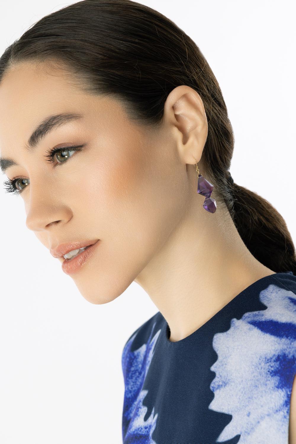 Amethyst Double Faceted Drop Earrings-YELLOW GOLD-JEWELRYFINE JEWELEARRING-TEN THOUSAND THINGS