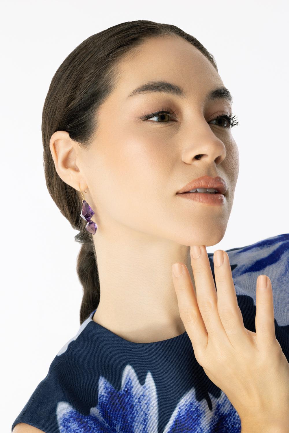 Amethyst Double Faceted Drop Earrings-YELLOW GOLD-JEWELRYFINE JEWELEARRING-TEN THOUSAND THINGS