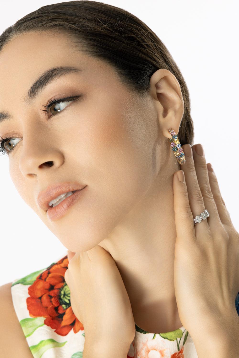 Small Multi Color Sapphire Hoops-YELLOW GOLD-JEWELRYFINE JEWELEARRING-BAYCO