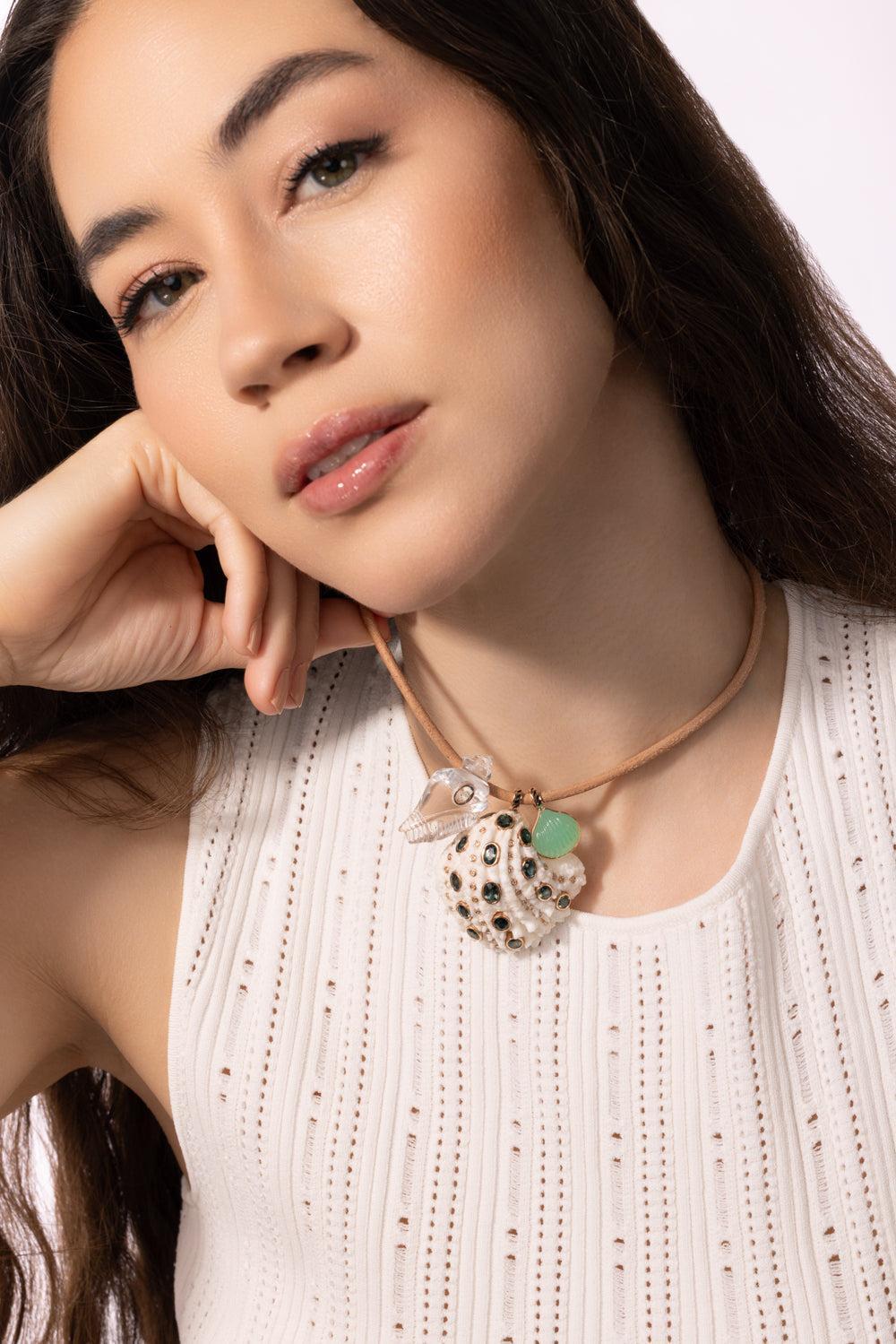Kyanite Diamond Shell Pendant-ROSE GOLD-G-JEWELRYFINE JEWELPENDANT-DEZSO BY SARA BELTRAN