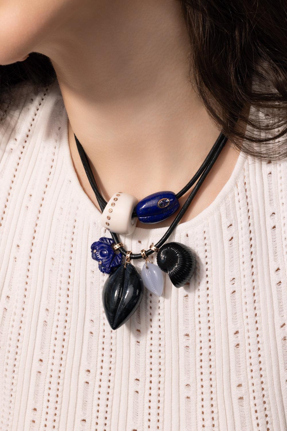 Lapis Tanzanite Cowry Bead-ROSE GOLD-JEWELRYFINE JEWELPENDANT-DEZSO BY SARA BELTRAN