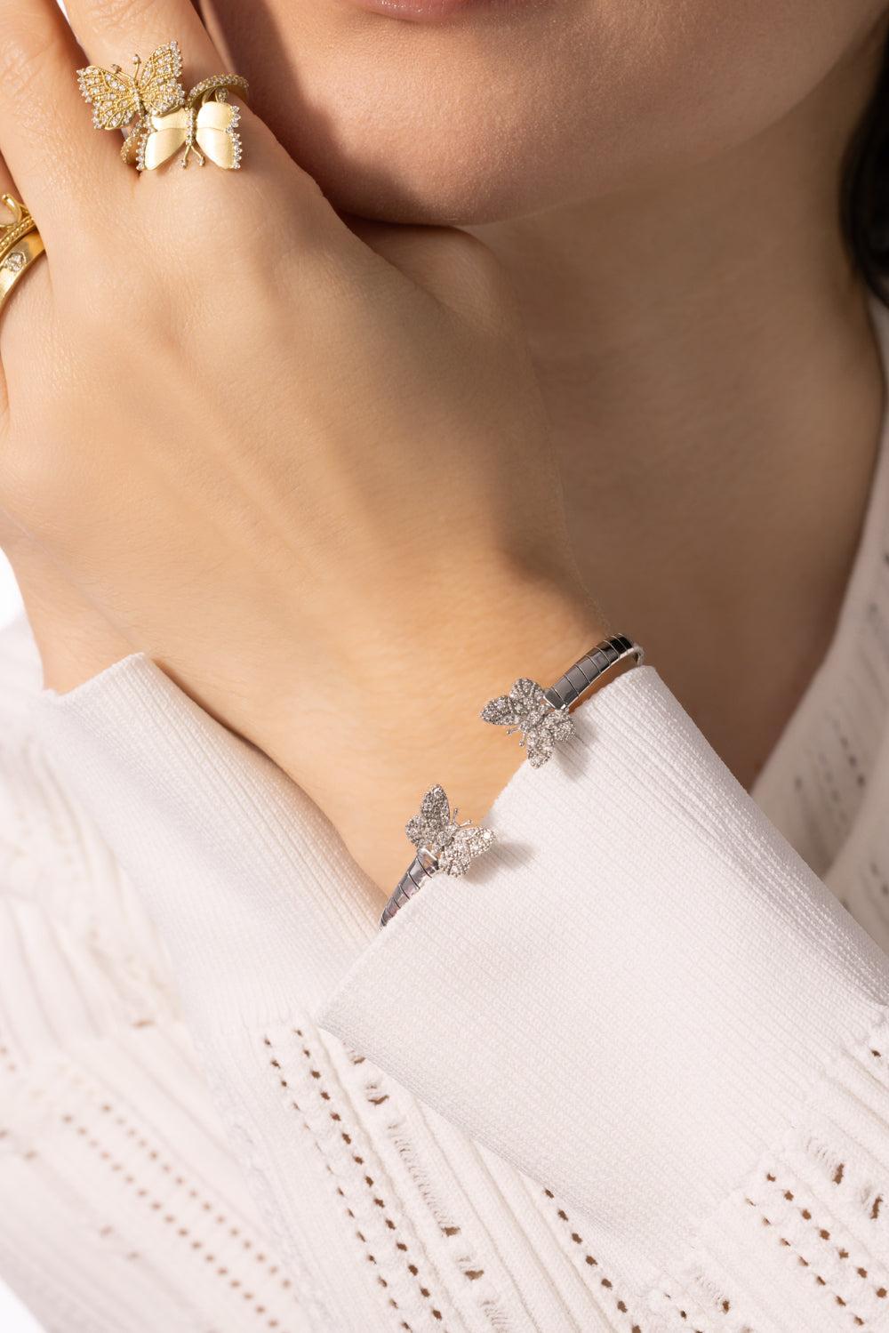 Butterfly Diamond Open Bangle Bracelet-WHITE GOLD-JEWELRYFINE JEWELBRACELET O-TANYA FARAH