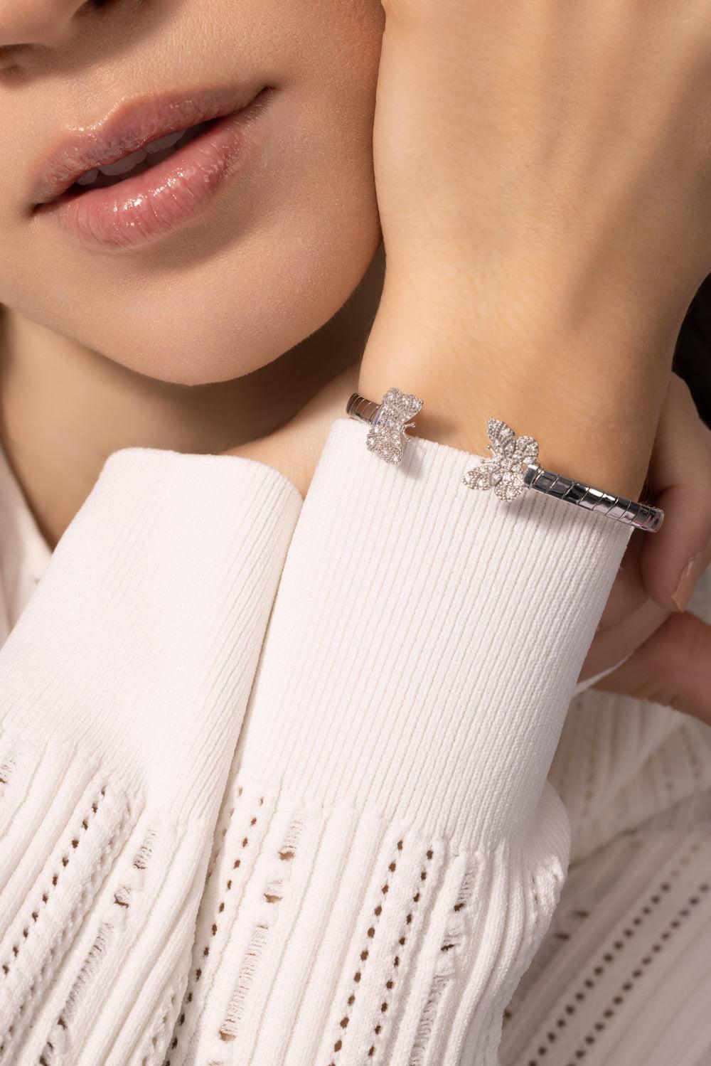 Butterfly Diamond Open Bangle Bracelet-WHITE GOLD-JEWELRYFINE JEWELBRACELET O-TANYA FARAH