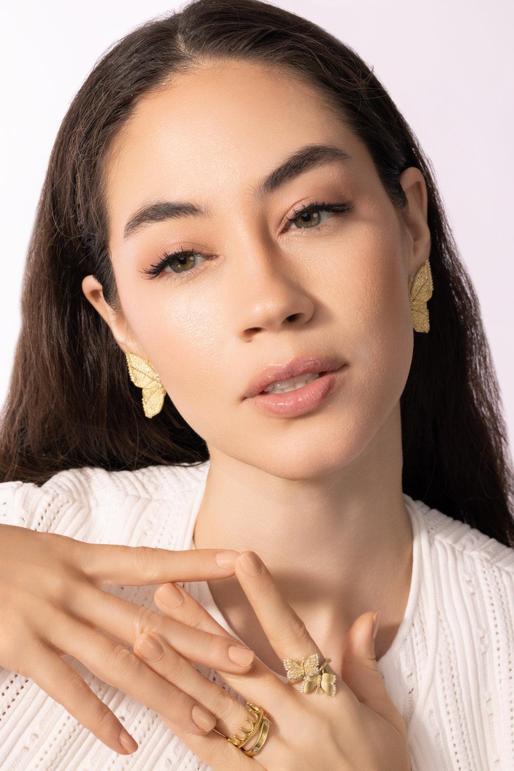 Textured Half Butterfly Wing Diamond Earrings-YELLOW GOLD-JEWELRYFINE JEWELEARRING-TANYA FARAH
