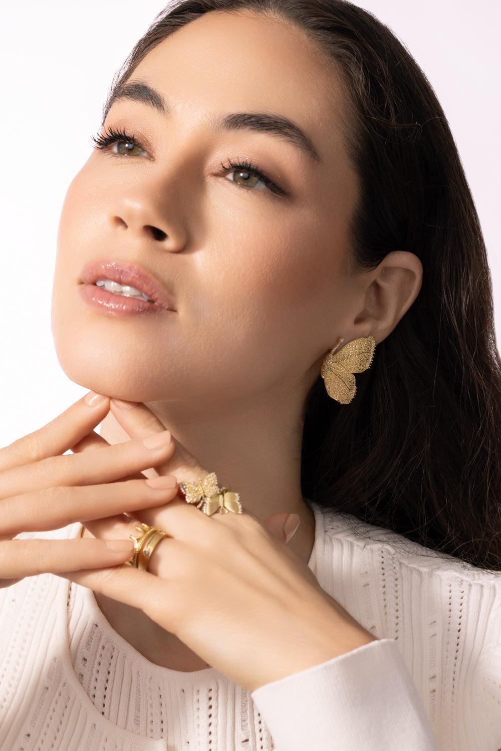 Textured Half Butterfly Wing Diamond Earrings-YELLOW GOLD-JEWELRYFINE JEWELEARRING-TANYA FARAH