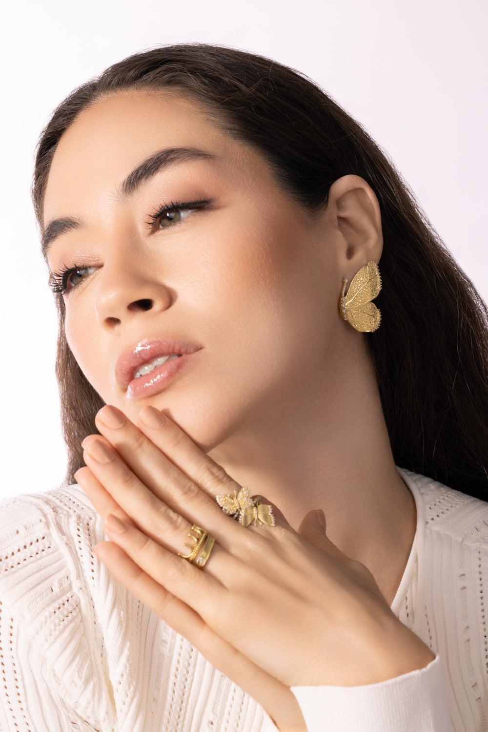 Textured Half Butterfly Wing Diamond Earrings-YELLOW GOLD-JEWELRYFINE JEWELEARRING-TANYA FARAH