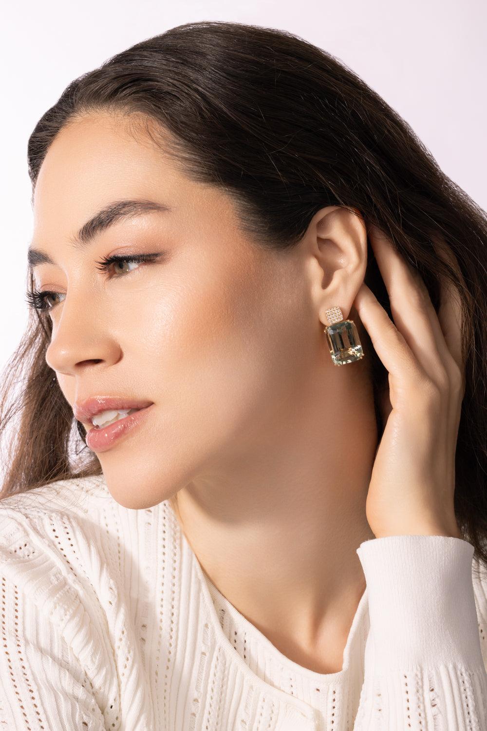 Prasiolite Cushion Gossip Earrings-YELLOW GOLD-JEWELRYFINE JEWELEARRING-GOSHWARA