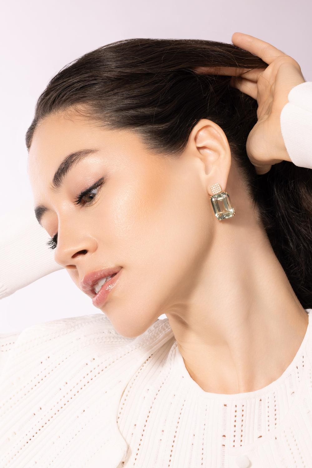 Prasiolite Cushion Gossip Earrings-YELLOW GOLD-JEWELRYFINE JEWELEARRING-GOSHWARA