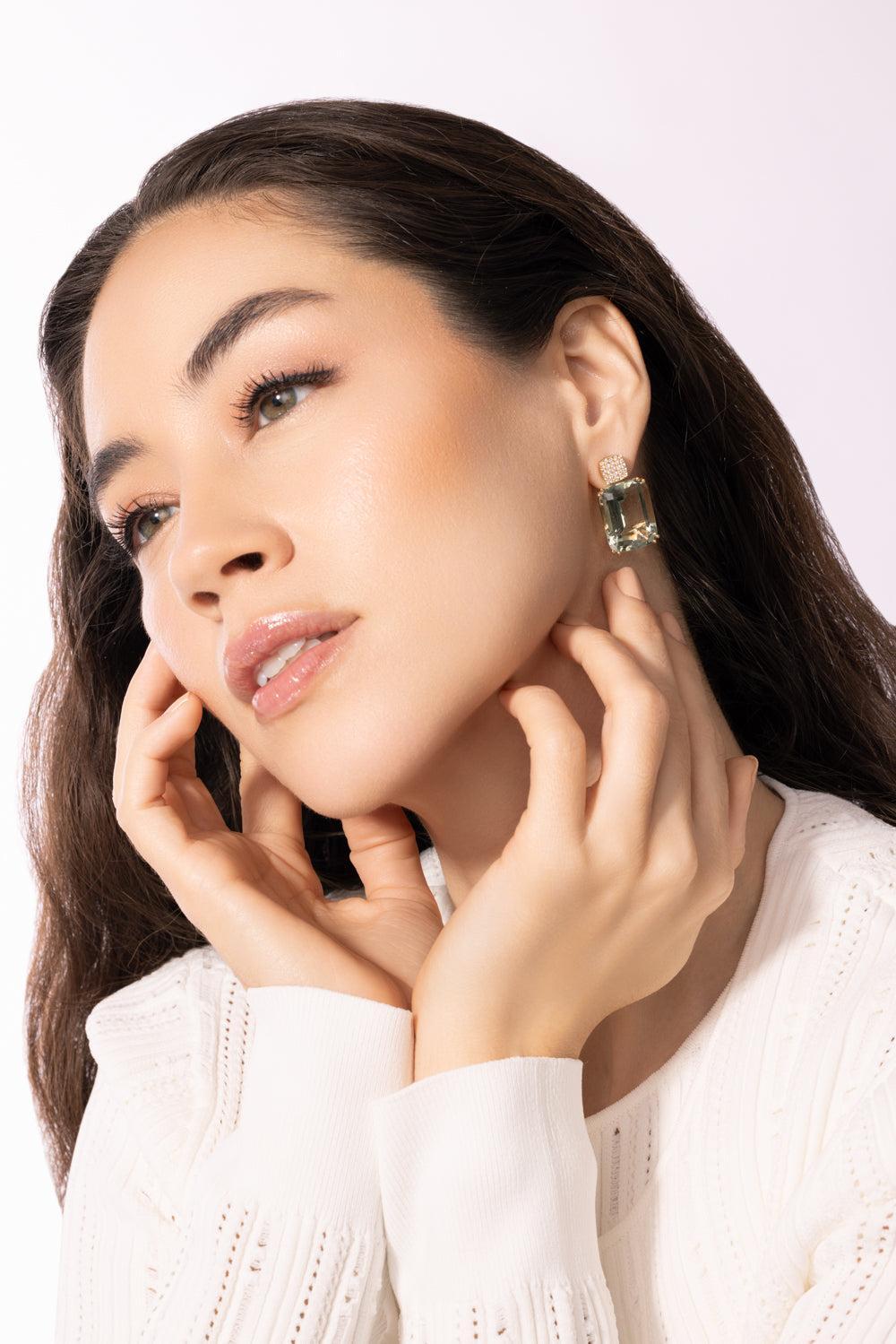 Prasiolite Cushion Gossip Earrings-YELLOW GOLD-JEWELRYFINE JEWELEARRING-GOSHWARA