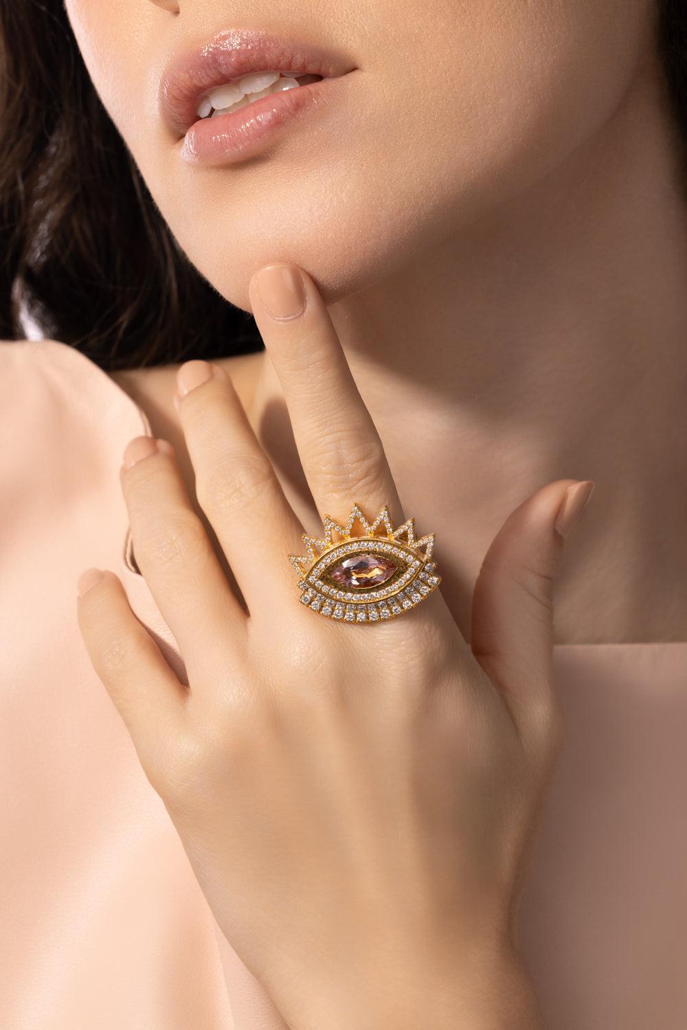 Morganite Evil Eye Ring-YELLOW GOLD-JEWELRYFINE JEWELRING-BUDDHA MAMA