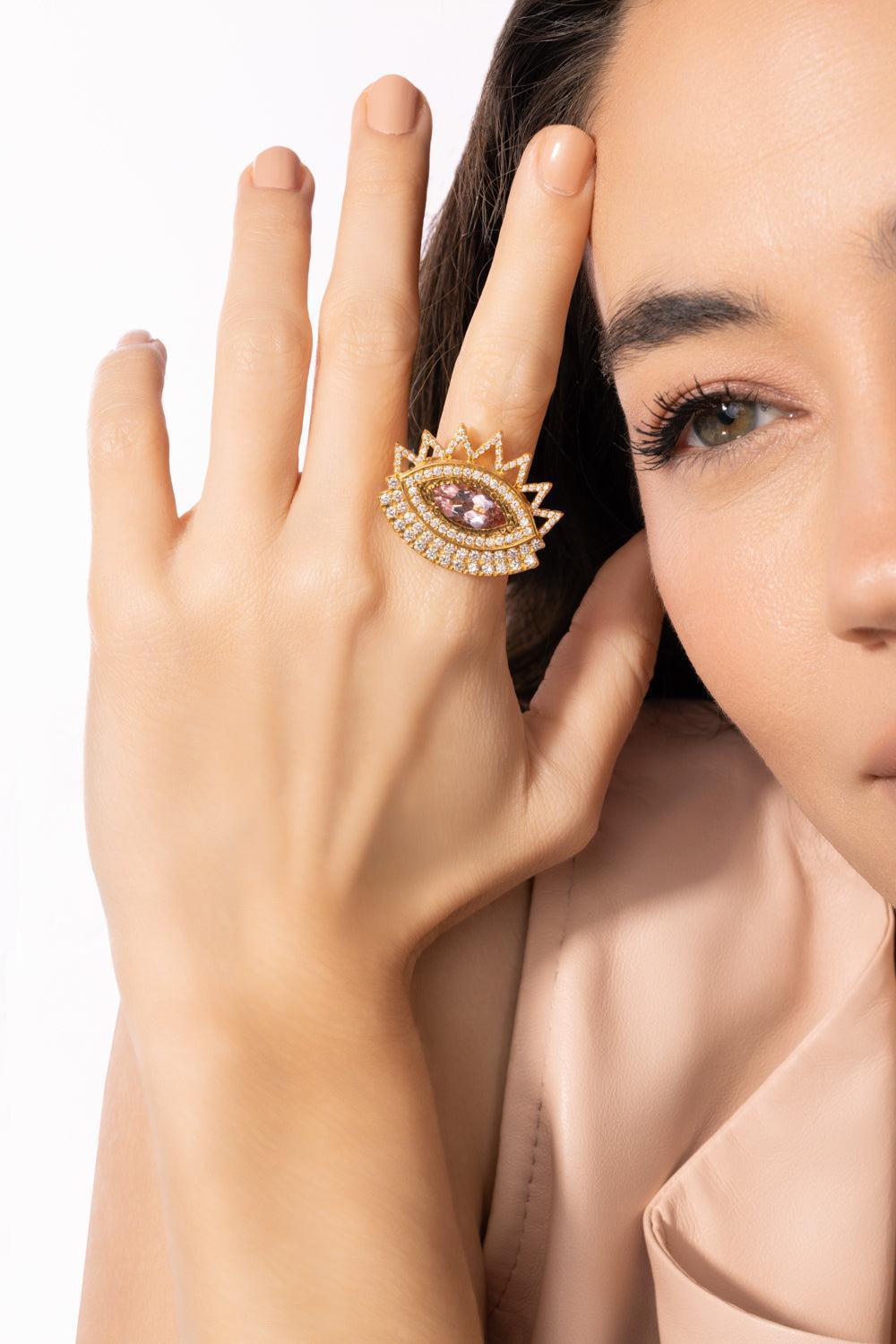 Morganite Evil Eye Ring-YELLOW GOLD-JEWELRYFINE JEWELRING-BUDDHA MAMA