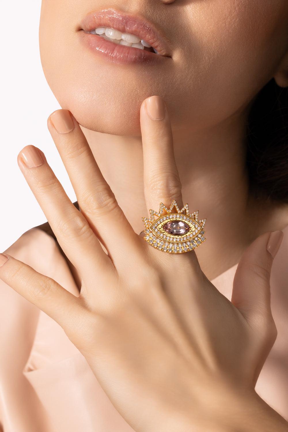 Morganite Evil Eye Ring-YELLOW GOLD-JEWELRYFINE JEWELRING-BUDDHA MAMA