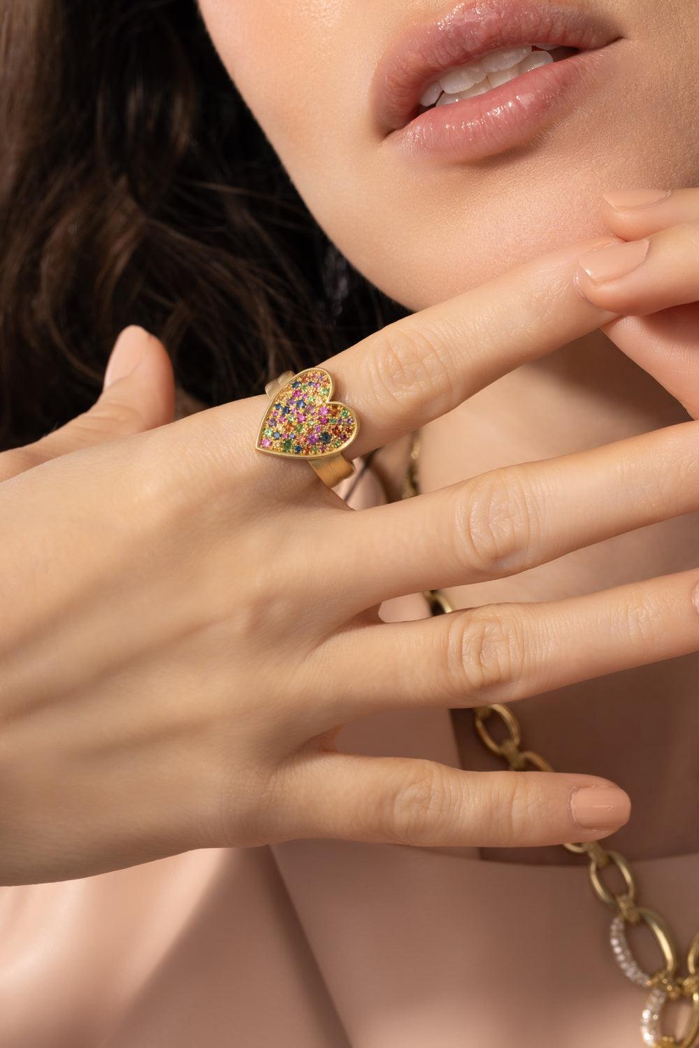 Multi Color Confetti Heart Ring-YELLOW GOLD-7.5-JEWELRYFINE JEWELRING-LEIGH MAXWELL