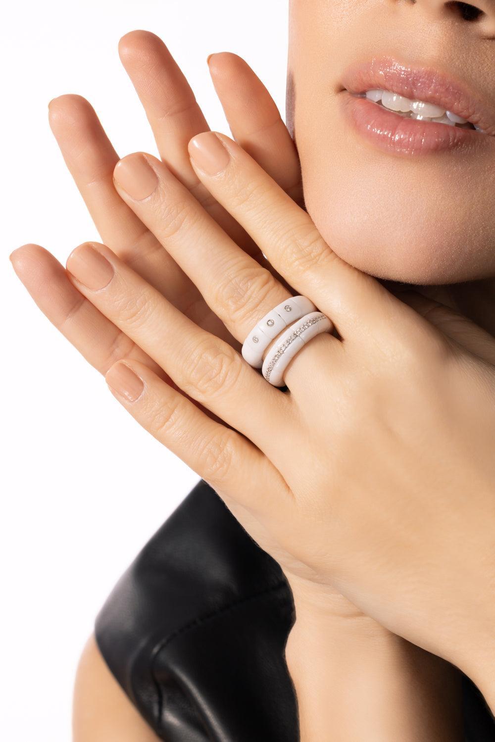 Three Diamond Bezel White Pura Stretch Ring-WHITE GOLD-6.25-JEWELRYFINE JEWELRING-ROBERTO DEMEGLIO