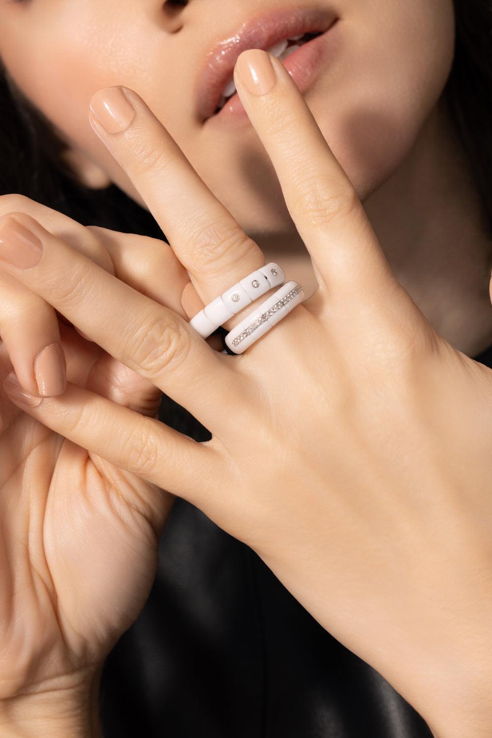 Three Diamond Bezel White Pura Stretch Ring-WHITE GOLD-6.25-JEWELRYFINE JEWELRING-ROBERTO DEMEGLIO