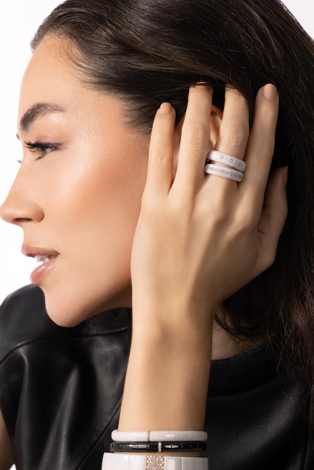 Three Diamond Bezel White Pura Stretch Ring-WHITE GOLD-6.25-JEWELRYFINE JEWELRING-ROBERTO DEMEGLIO