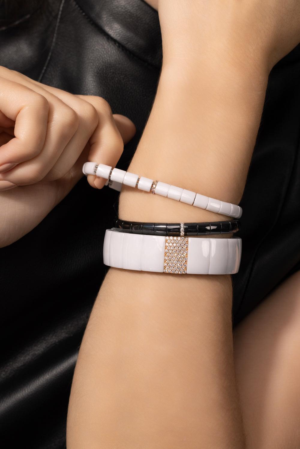 One Diamond Section White Domino Stretch Bracelet-ROSE GOLD-JEWELRYFINE JEWELBRACELET O-ROBERTO DEMEGLIO