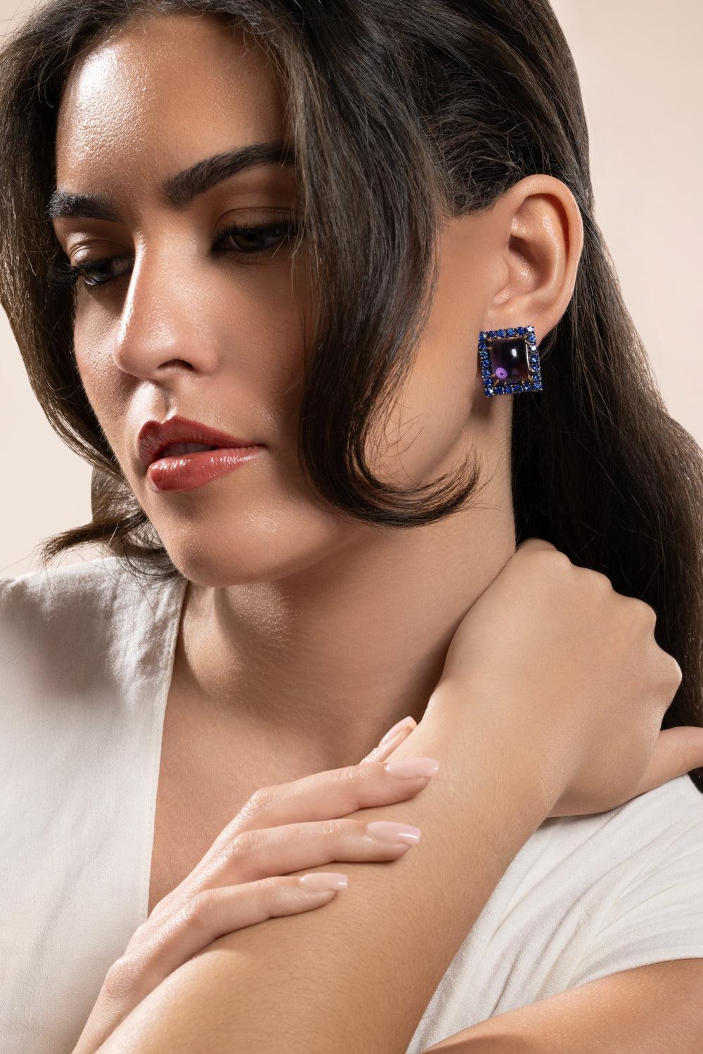 Amethyst Blue Sapphire Square Earrings-WHITE GOLD-JEWELRYFINE JEWELEARRING-PIRANESI