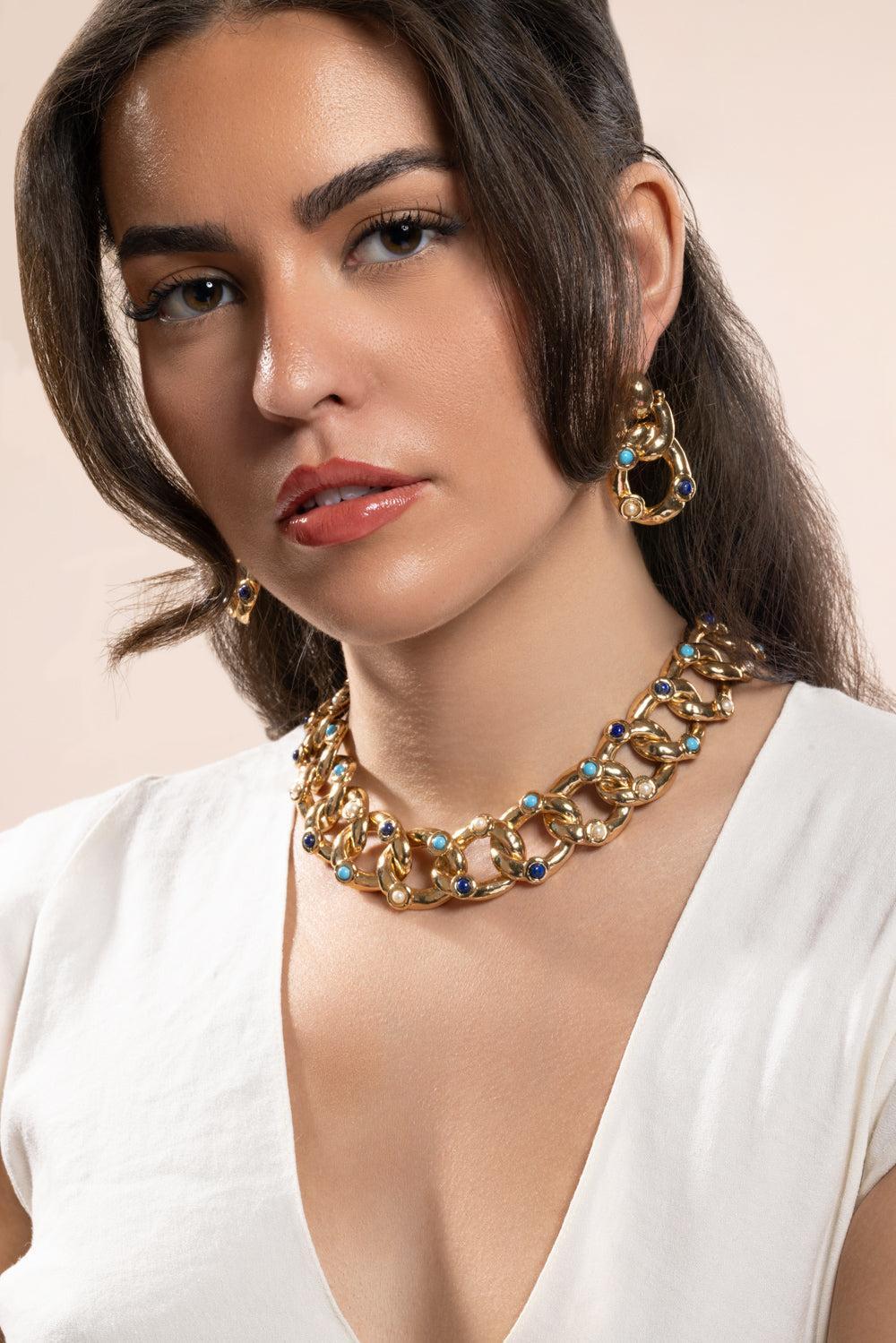 Turquoise Lapis Pearl Mitsi Necklace-YELLOW-JEWELRYBOUTIQUENECKLACE O-GAS BIJOUX
