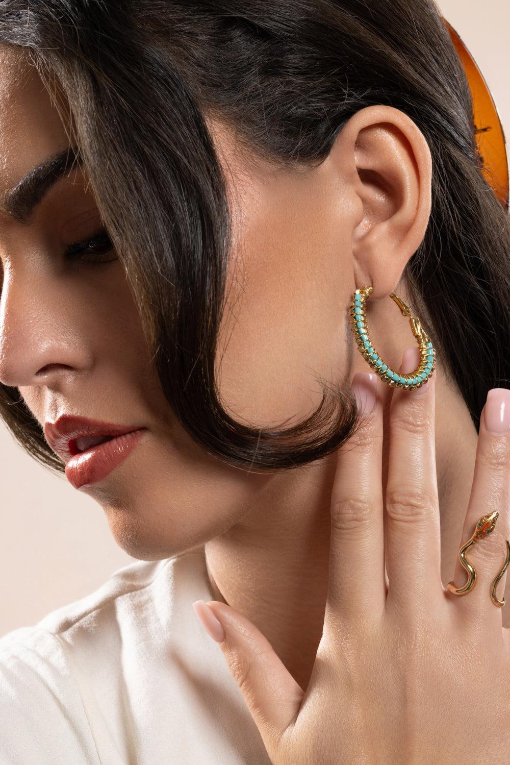 Turquoise Lyre Hoop Earrings-TURQ-JEWELRYBOUTIQUEEARRING-GAS BIJOUX