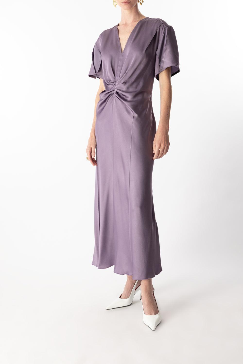 Gathered V-Neck Midi Dress - Iris-IRIS-0-CLOTHINGDRESSCASUAL-VICTORIA BECKHAM