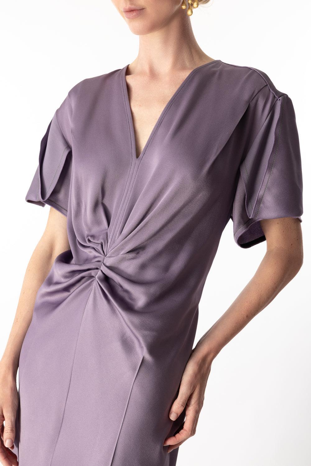 Gathered V-Neck Midi Dress - Iris-IRIS-0-CLOTHINGDRESSCASUAL-VICTORIA BECKHAM