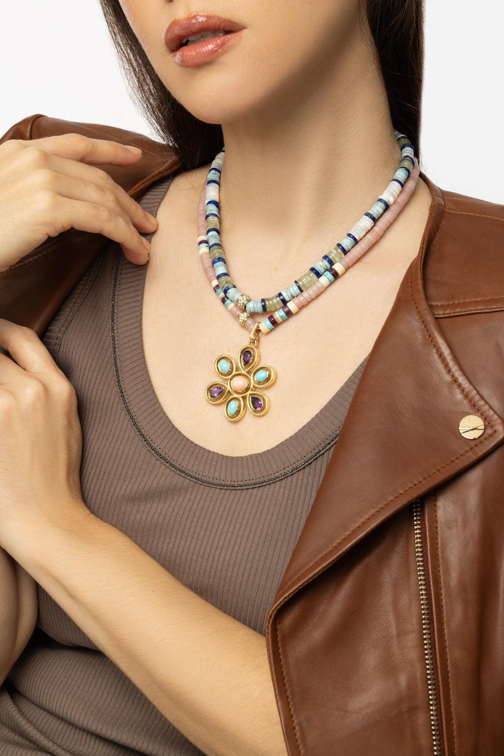 Green White Heishi Bead Necklace-YELLOW GOLD-16-JEWELRYFINE JEWELNECKLACE O-JENNA BLAKE