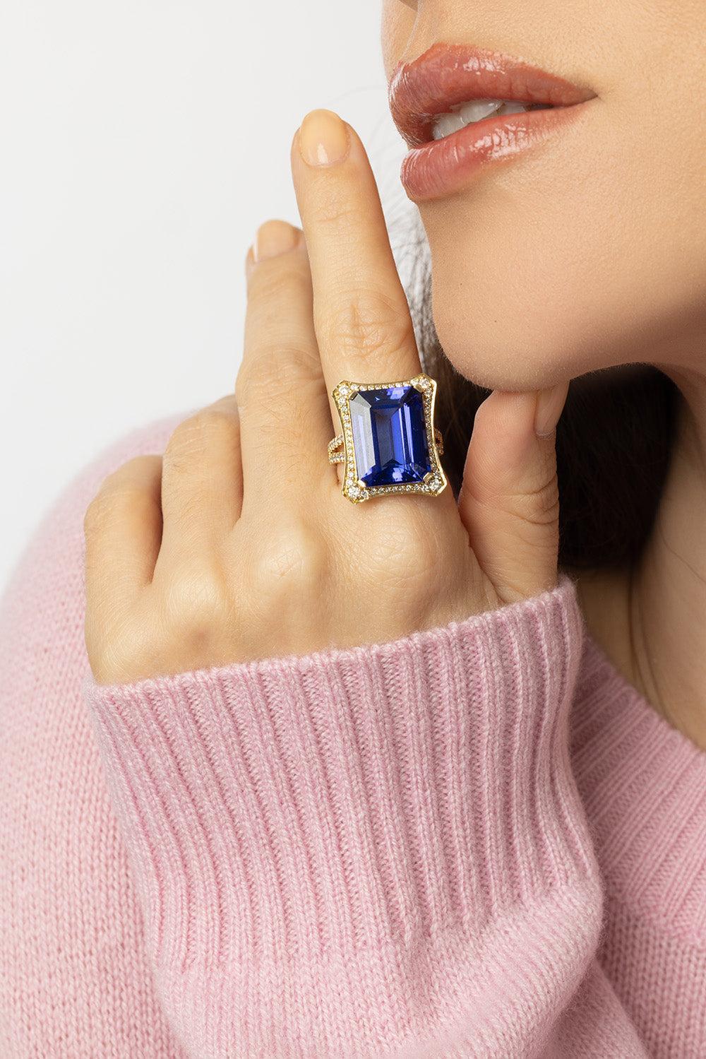 Large Tanzanite G-One Ring-YELLOW GOLD-7-JEWELRYFINE JEWELRING-GOSHWARA