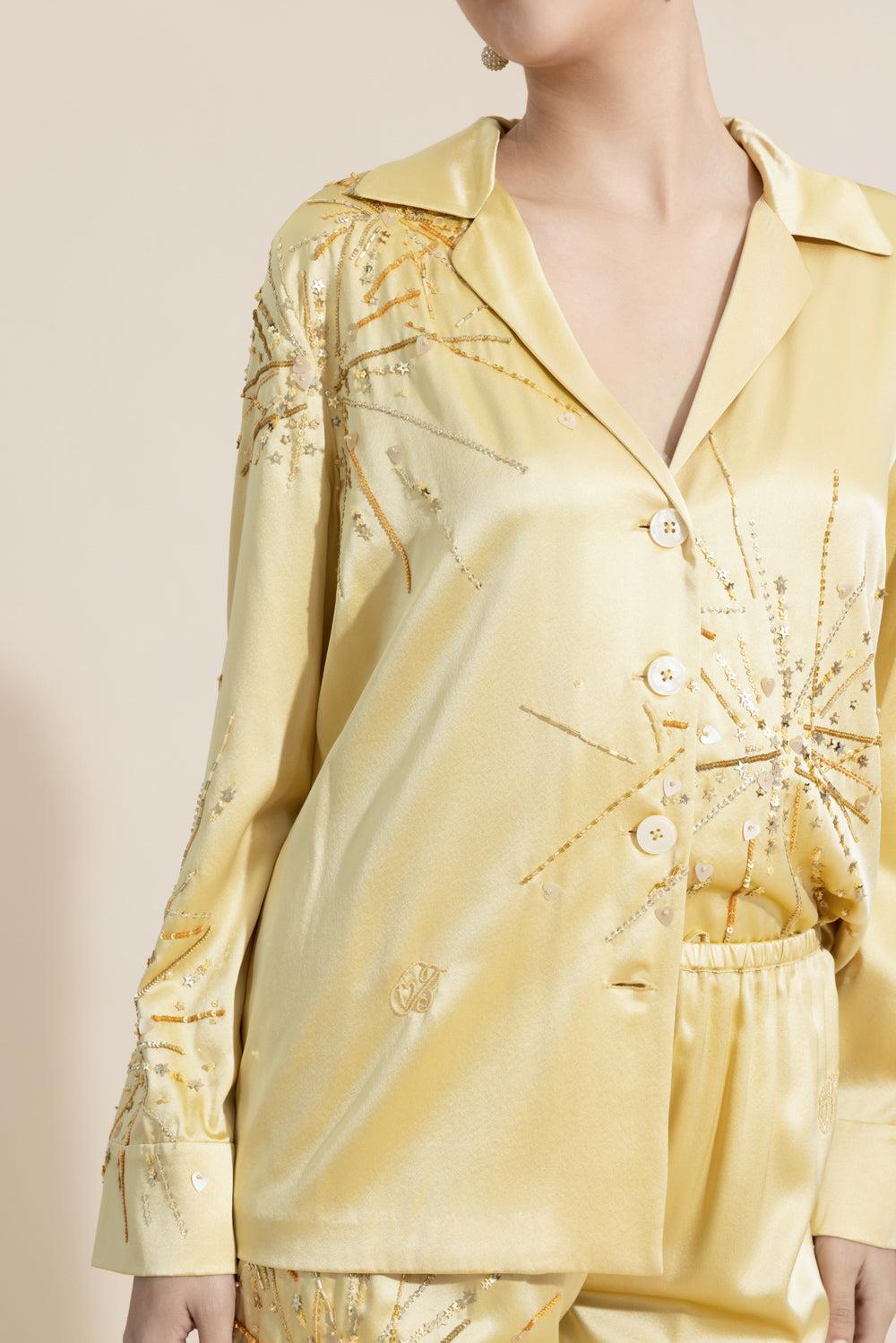 Louis Pyjama Blouse - Gold Sparkle Sequin-GOLD/YLW-34-CLOTHINGTOPBLOUSE-BERNADETTE