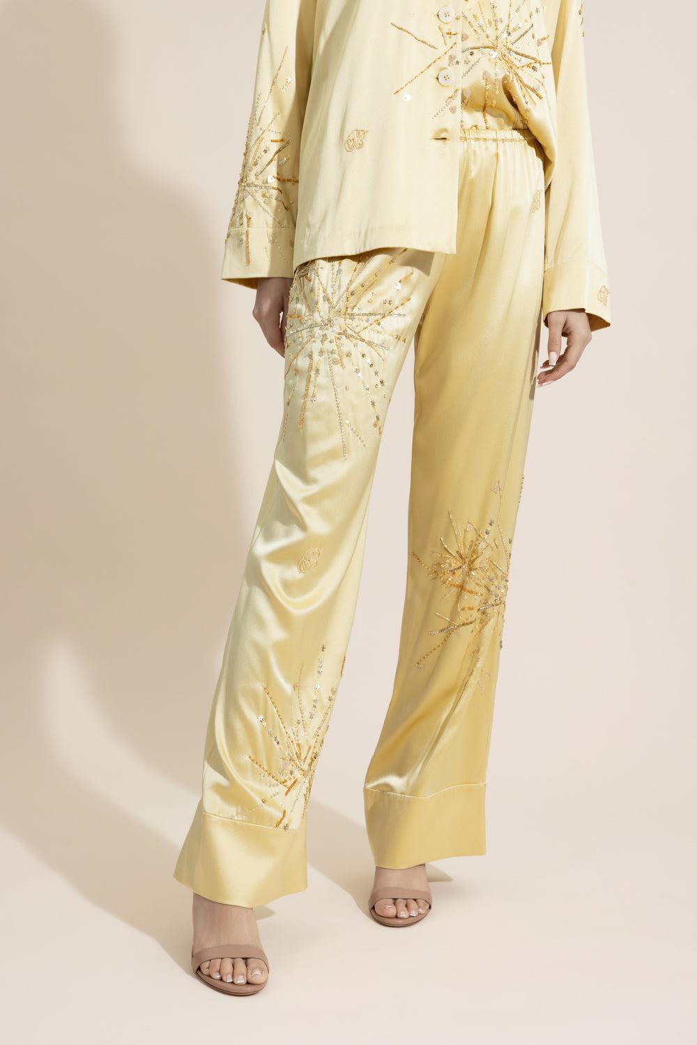 Louis Pyjama Pants - Gold Yellow Sparkle-GOLD/YLW-34-CLOTHINGPANTEVENING-BERNADETTE