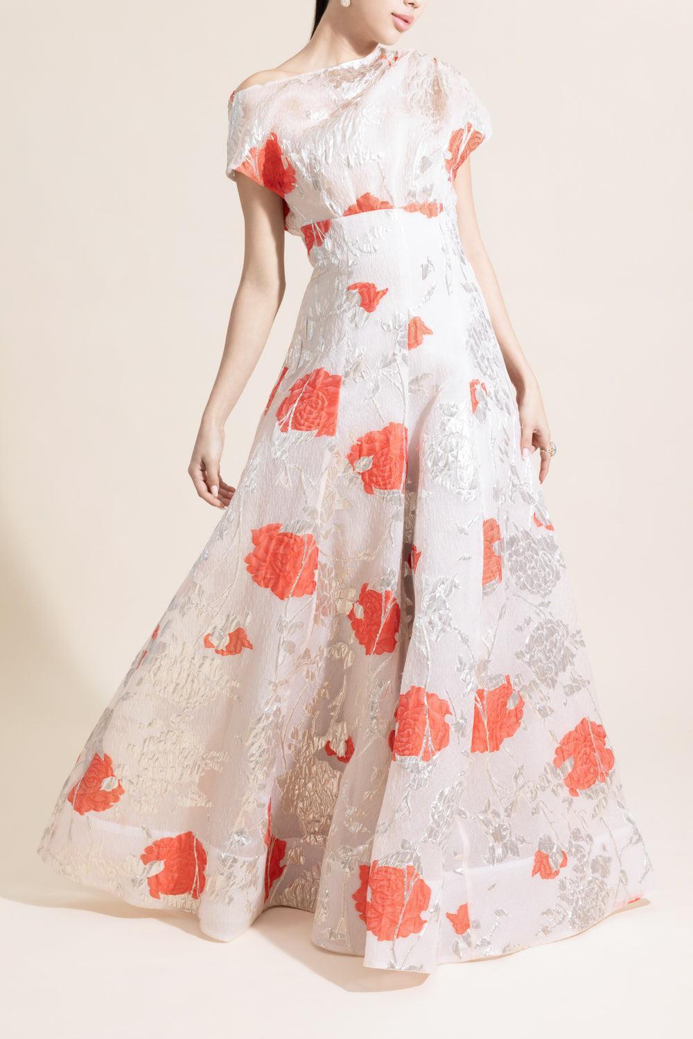 Floral Drape Shoulder Pleated Gown-FLORAL-4-CLOTHINGDRESSGOWN-LELA ROSE