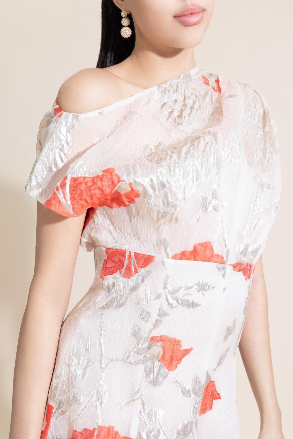 Floral Drape Shoulder Pleated Gown-FLORAL-4-CLOTHINGDRESSGOWN-LELA ROSE