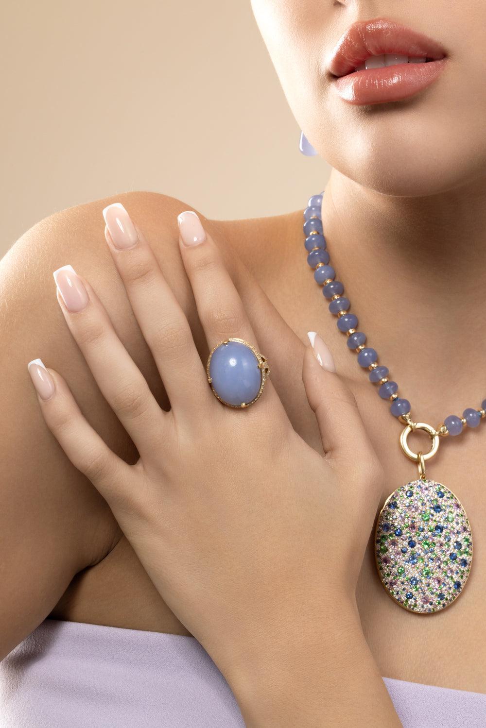 Blue Chalcedony Cabochon G-One Ring-YELLOW GOLD-7-JEWELRYFINE JEWELRING-GOSHWARA