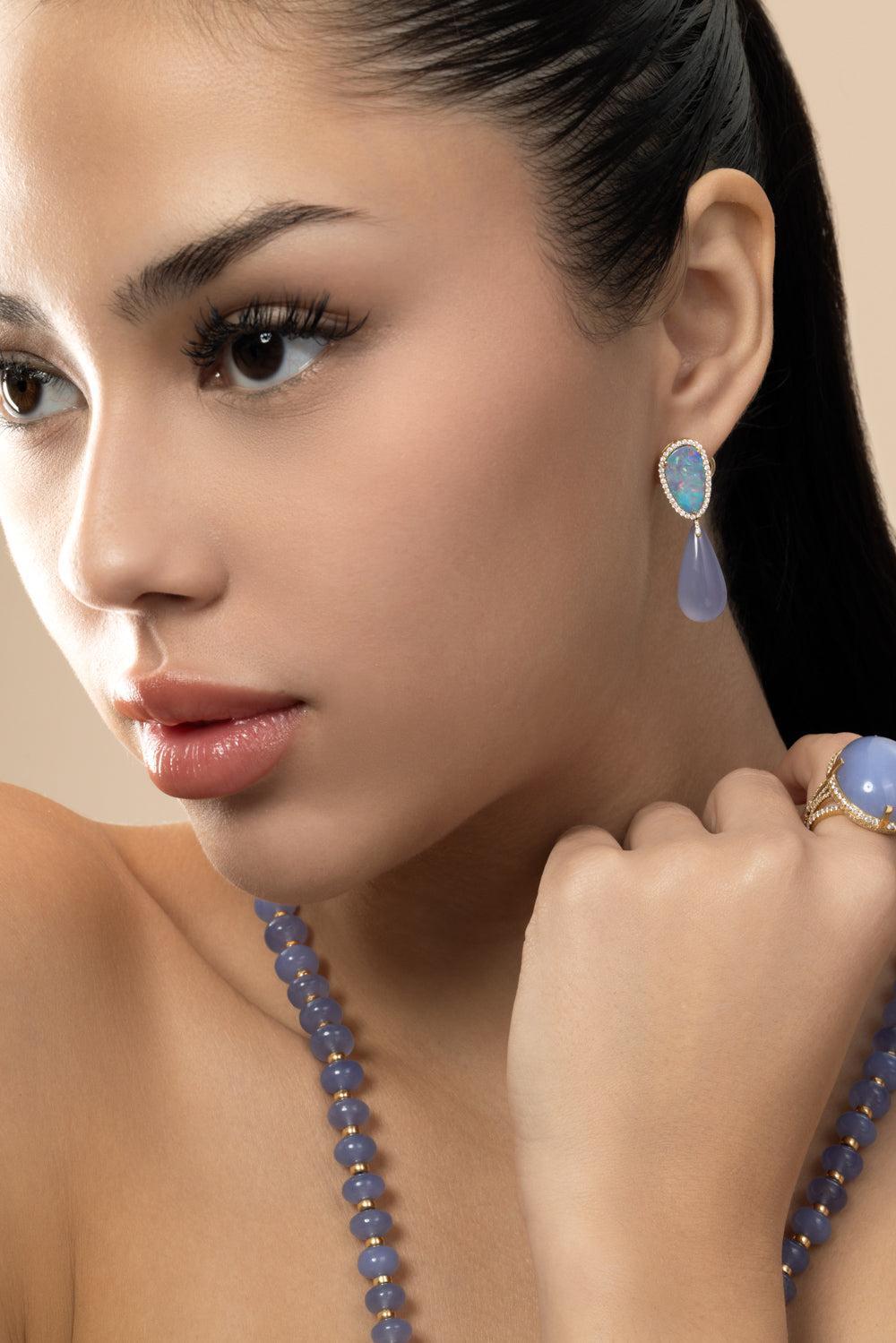 Australian Opal Blue Chalcedony G-One Drop Earrings-YELLOW GOLD-JEWELRYFINE JEWELEARRING-GOSHWARA