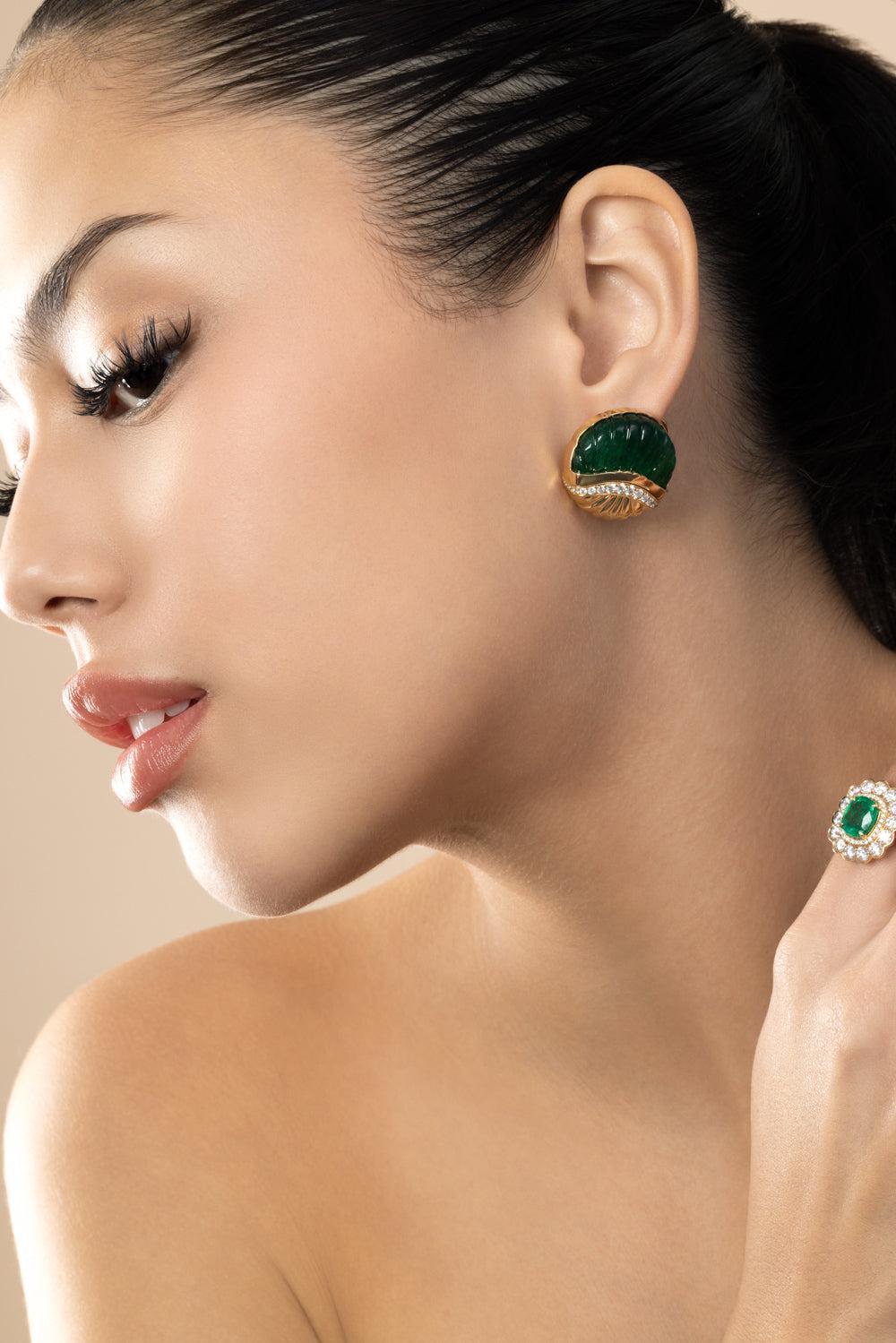 Emerald Diamond Melon Carved G-One Earrings-YELLOW GOLD-JEWELRYFINE JEWELEARRING-GOSHWARA