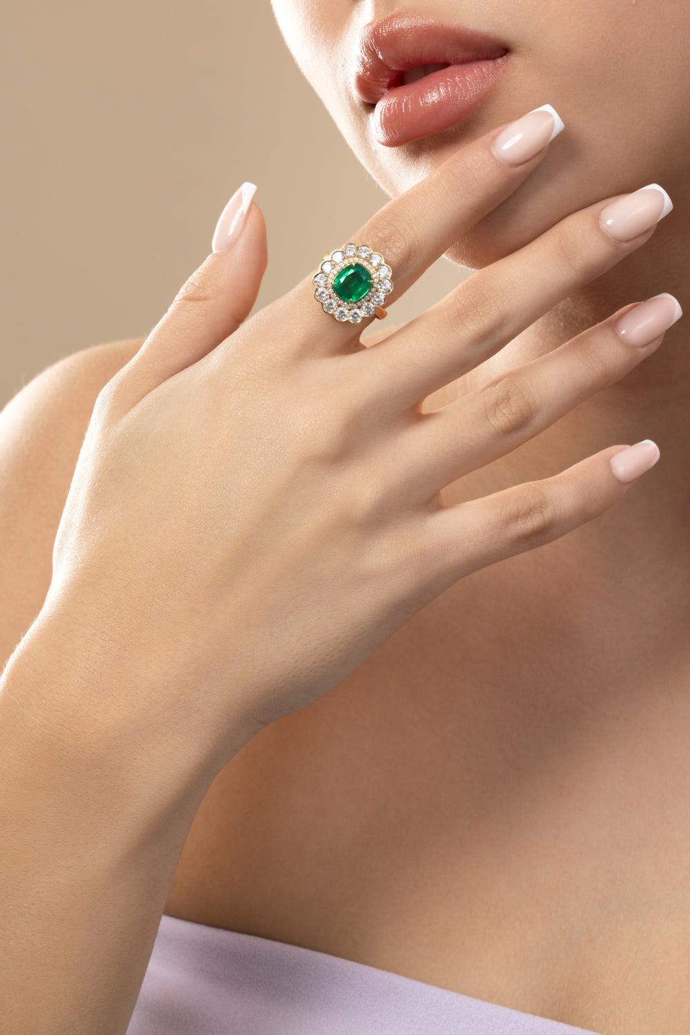 Emerald Diamond Cushion G-One Ring-YELLOW GOLD-6.25-JEWELRYFINE JEWELRING-GOSHWARA