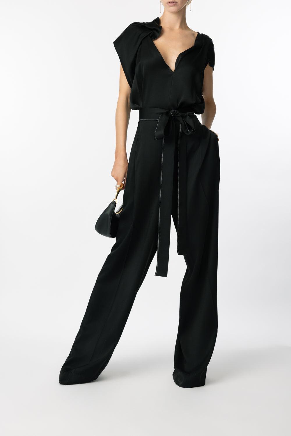 Draped Pleated Jumpsuit-BLACK-2-CLOTHINGPANTJUMPSUIT-VICTORIA BECKHAM