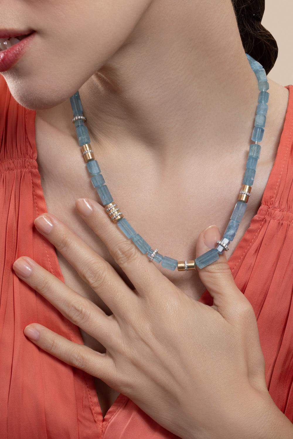 Aquamarine Beaded Necklace-YELLOW GOLD-18-JEWELRYFINE JEWELNECKLACE O-EDINA KISS